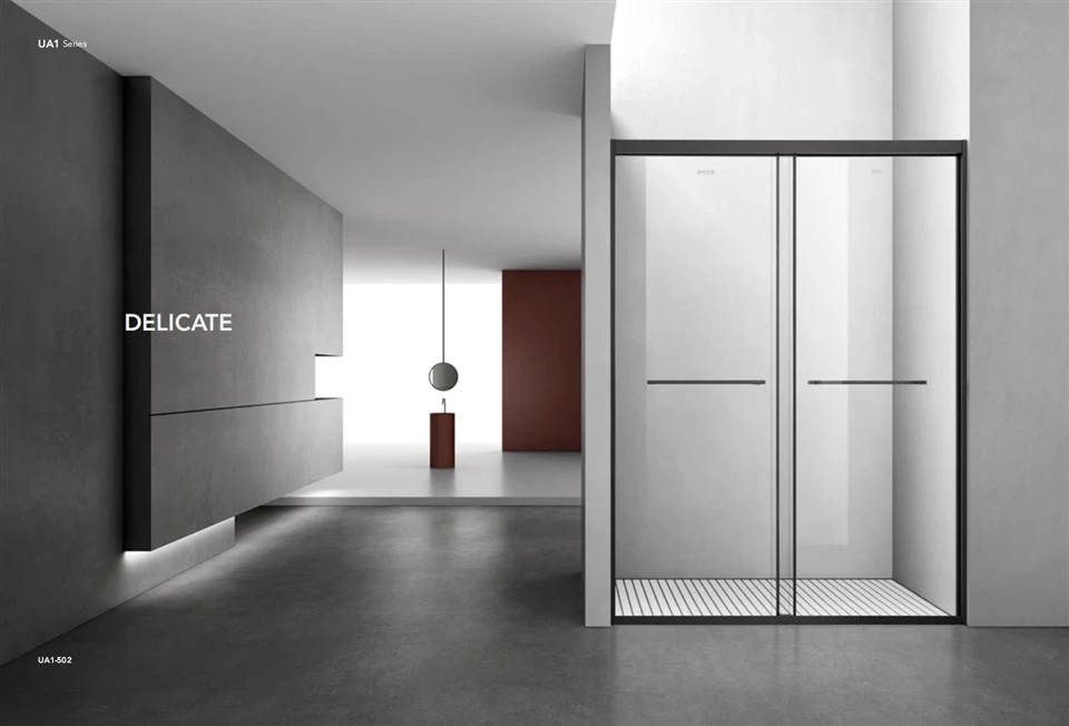 Due porte scorrevoli in acciaio inox per doccia con un bagno con doccia